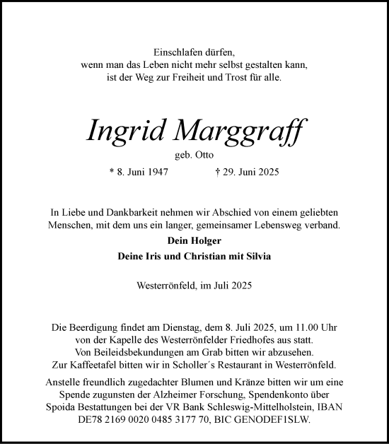 Traueranzeige von Ingrid Marggraff von Schleswig-Holsteinische Landeszeitung