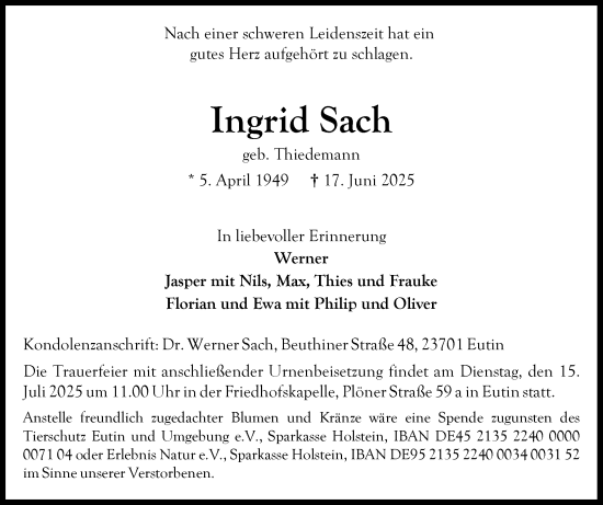 Traueranzeige von Ingrid Sach von Ostholsteiner Anzeiger