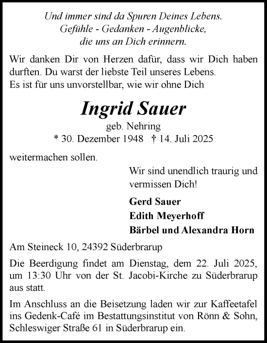 Traueranzeige von Ingrid Sauer von Schleswiger Nachrichten, Schlei-Bote