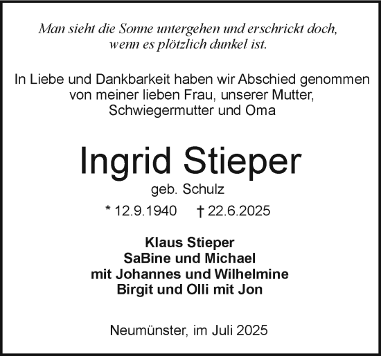 Traueranzeige von Ingrid Stieper von Holsteinischer Courier