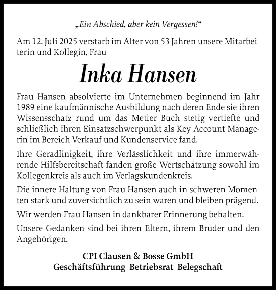 Traueranzeige von Inka Hansen von Husumer Nachrichten, Nordfriesland Tageblatt