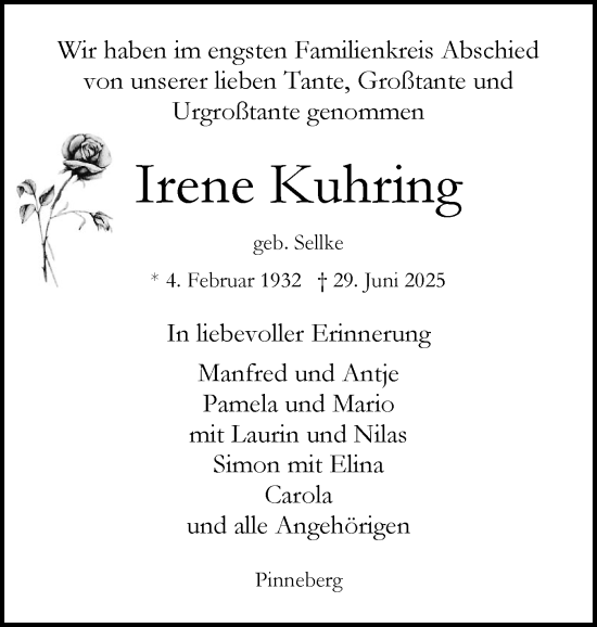Traueranzeige von Irene Kuhring von Region Pinneberg und tip Pinneberg