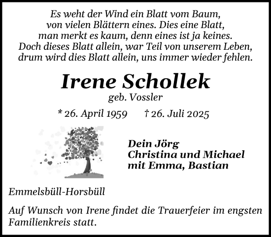 Traueranzeige von Irene Schollek von Husumer Nachrichten, Nordfriesland Tageblatt