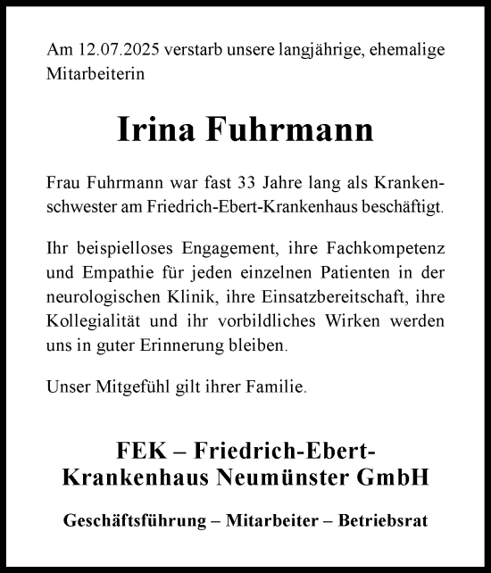 Traueranzeige von Irina Fuhrmann von Holsteinischer Courier