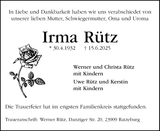 Traueranzeige von Irma Rütz von MARKT Ratzeburg/Mölln