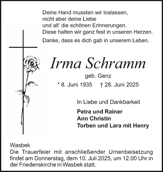 Traueranzeige von Irma Schramm von Holsteinischer Courier