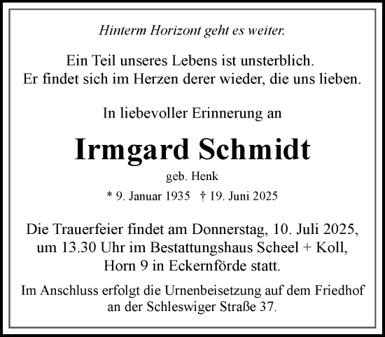Traueranzeige von Irmgard Schmidt von Eckernförder Zeitung, Hallo Eckernförde