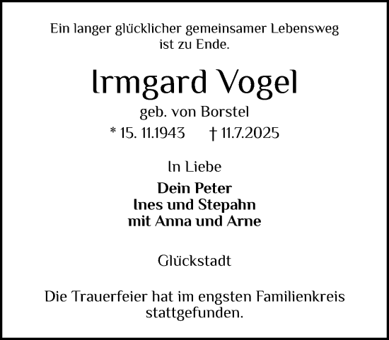 Traueranzeige von Irmgard Vogel von Norddeutsche Rundschau, Wilstersche Zeitung, Glückstädter Fortuna