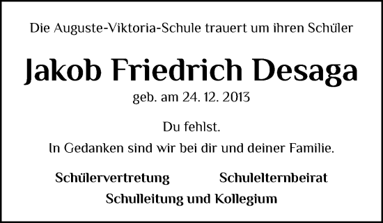 Traueranzeige von Jakob Friedrich Desaga von Flensburger Tageblatt
