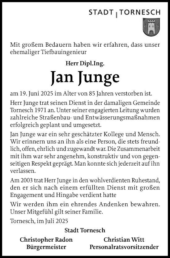 Traueranzeige von Jan Junge von Uetersener Nachrichten, Der tip am Wochenende