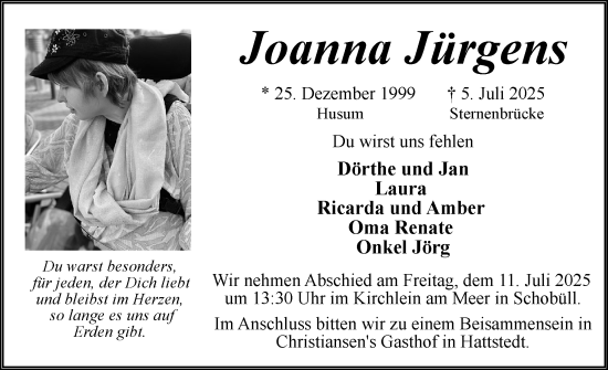 Traueranzeige von Joanna Jürgens von Husumer Nachrichten, Nordfriesland Tageblatt