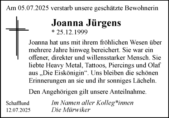 Traueranzeige von Joanna Jürgens von Flensburger Tageblatt