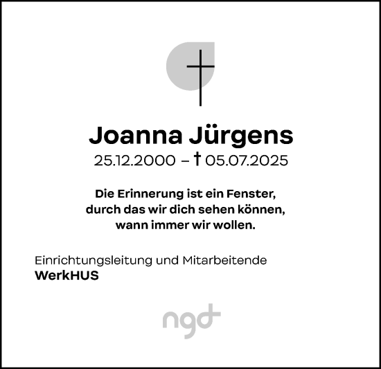 Traueranzeige von Joanna Jürgens von Husumer Nachrichten, Nordfriesland Tageblatt