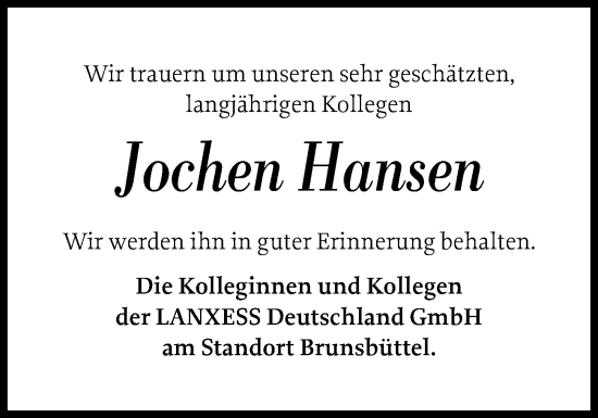 Traueranzeige von Jochen Hansen von Norddeutsche Rundschau, Wilstersche Zeitung, Glückstädter Fortuna