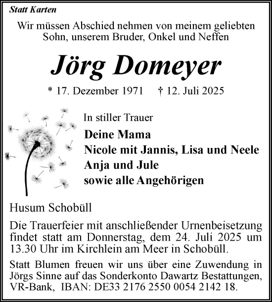 Traueranzeige von Jörg Domeyer von Husumer Nachrichten, Nordfriesland Tageblatt