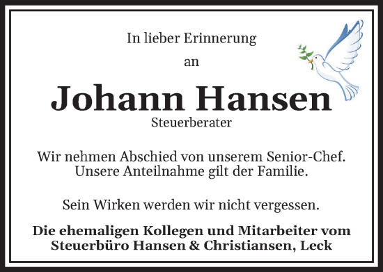 Traueranzeige von Johann Hansen von Husumer Nachrichten, Nordfriesland Tageblatt