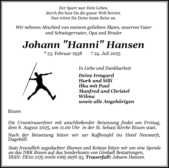 Traueranzeige von Johann Hansen von Husumer Nachrichten, Nordfriesland Tageblatt
