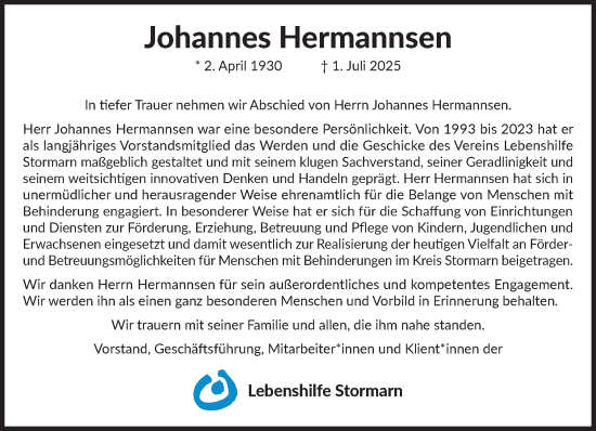 Traueranzeige von Johannes Hermannsen von MARKT Ahrensburg/Bargteheide/Trittau und Stormarner Tageblatt