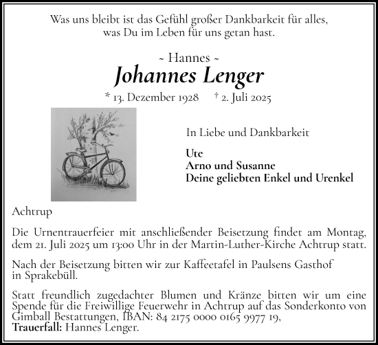 Traueranzeige von Johannes Lenger von Husumer Nachrichten, Nordfriesland Tageblatt