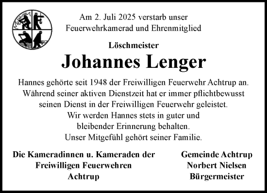 Traueranzeige von Johannes Lenger von Husumer Nachrichten, Nordfriesland Tageblatt