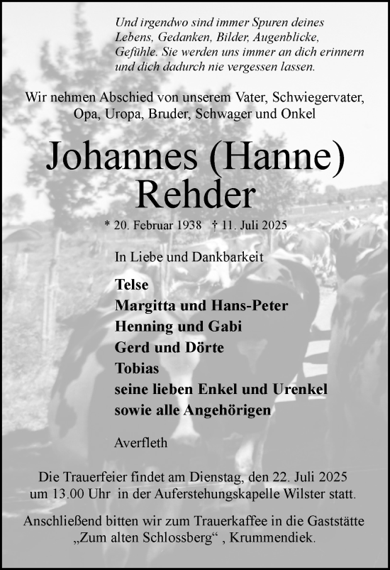 Traueranzeige von Johannes Rehder von Norddeutsche Rundschau, Wilstersche Zeitung, Glückstädter Fortuna