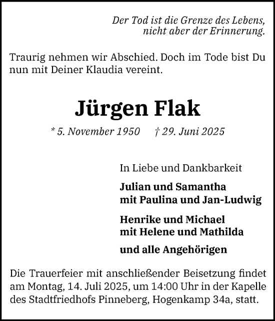 Traueranzeige von Jürgen Flak von Region Pinneberg und tip Pinneberg