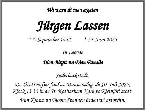 Traueranzeige von Jürgen Lassen von Region Flensburg