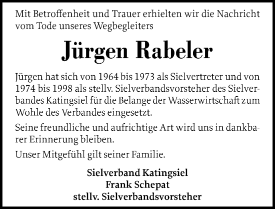 Traueranzeige von Jürgen Rabeler von Husumer Nachrichten, Nordfriesland Tageblatt