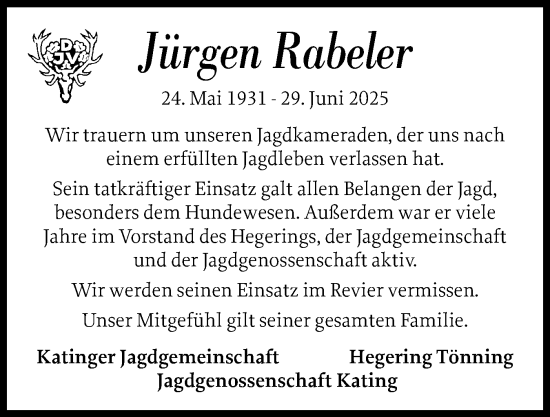 Traueranzeige von Jürgen Rabeler von Husumer Nachrichten, Nordfriesland Tageblatt