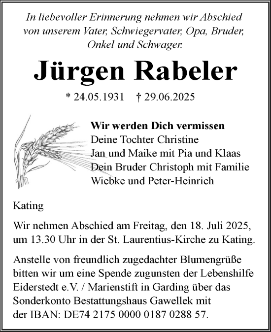 Traueranzeige von Jürgen Rabeler von Husumer Nachrichten, Nordfriesland Tageblatt