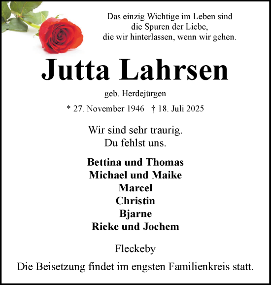 Traueranzeige von Jutta Lahrsen von Eckernförder Zeitung, Hallo Eckernförde