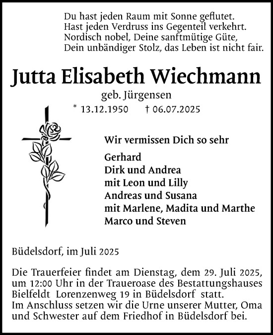Traueranzeige von Jutta Elisabeth Wiechmann von Schleswig-Holsteinische Landeszeitung