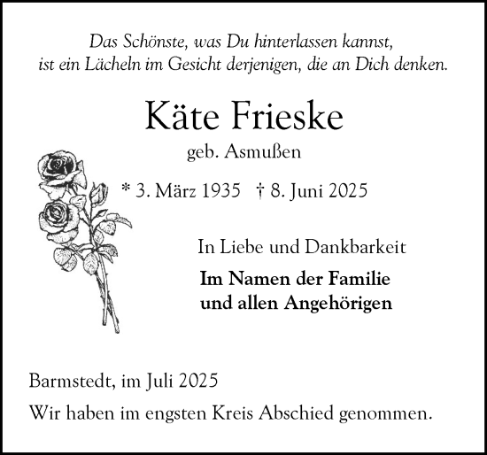 Traueranzeige von Käte Frieske von Elmshorner Nachrichten, Barmstedter Zeitung