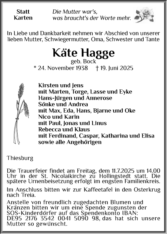 Traueranzeige von Käte Hagge von Schleswig-Holsteinische Landeszeitung
