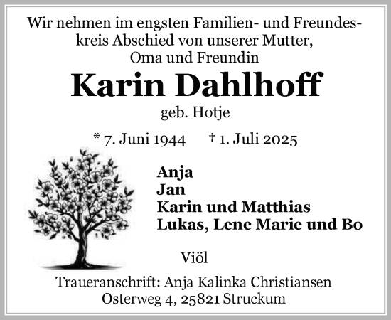 Traueranzeige von Karin Dahlhoff von Husumer Nachrichten, Nordfriesland Tageblatt