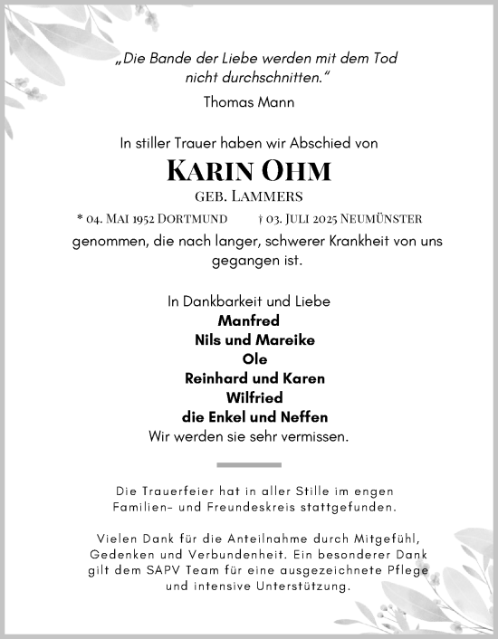 Traueranzeige von Karin Ohm von Holsteinischer Courier