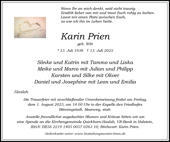 Traueranzeige von Karin Prien von Region Pinneberg und tip Pinneberg