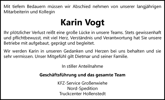 Traueranzeige von Karin Vogt von Flensburger Tageblatt