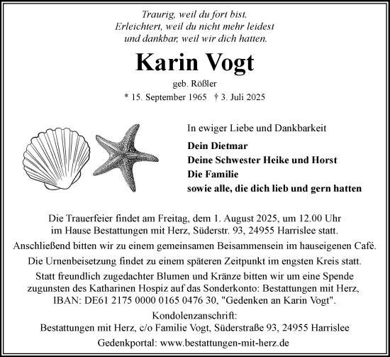 Traueranzeige von Karin Vogt von Flensburger Tageblatt