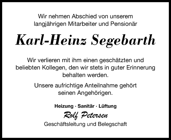 Traueranzeige von Karl-Heinz Segebarth von Schleswig-Holsteinische Landeszeitung
