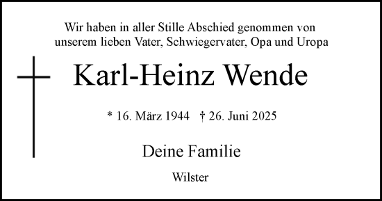 Traueranzeige von Karl-Heinz Wende von Norddeutsche Rundschau, Wilstersche Zeitung, Glückstädter Fortuna