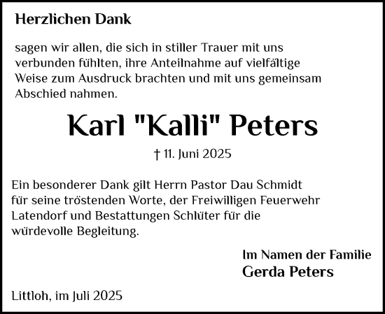 Traueranzeige von Karl Peters von Holsteinischer Courier