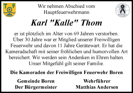 Traueranzeige von Karl Thom von Schleswiger Nachrichten, Schlei-Bote