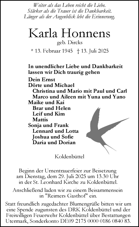 Traueranzeige von Karla Honnens von Husumer Nachrichten, Nordfriesland Tageblatt