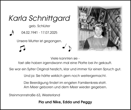Traueranzeige von Karla Schnittgard von Sylter Rundschau