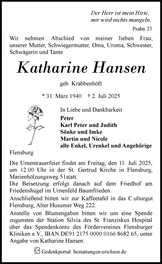 Traueranzeige von Katharine Hansen von Flensburger Tageblatt