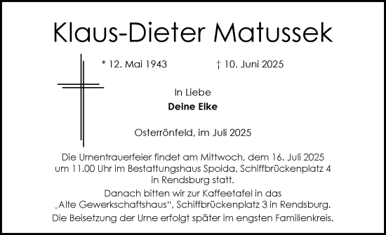 Traueranzeige von Klaus-Dieter Matussek von Schleswig-Holsteinische Landeszeitung