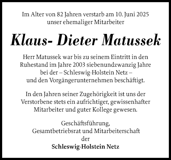 Traueranzeige von Klaus-Dieter Matussek von Schleswig-Holsteinische Landeszeitung