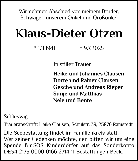 Traueranzeige von Klaus-Dieter Otzen von Husumer Nachrichten, Nordfriesland Tageblatt