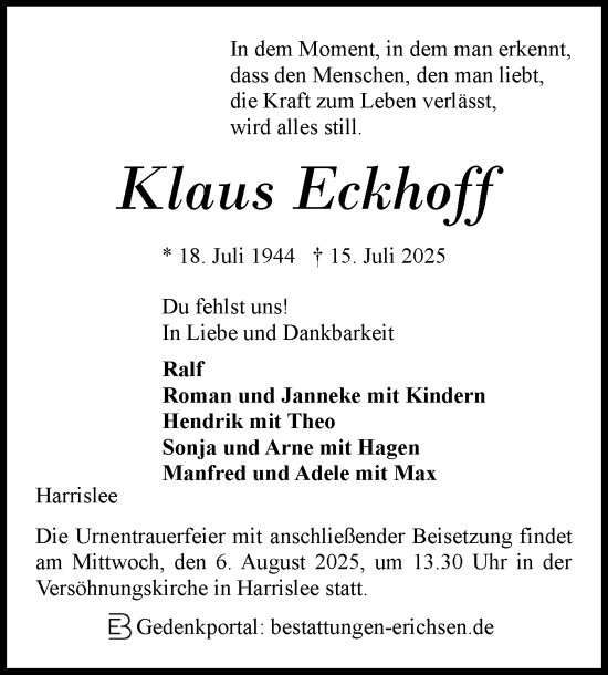 Traueranzeige von Klaus Eckhoff von Flensburger Tageblatt
